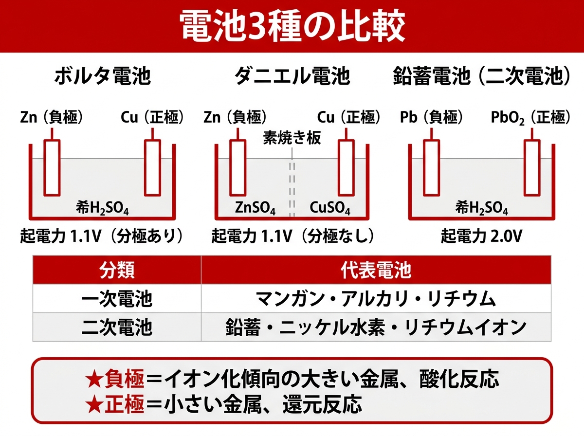 電池3種の比較（ボルタ・ダニエル・鉛蓄）