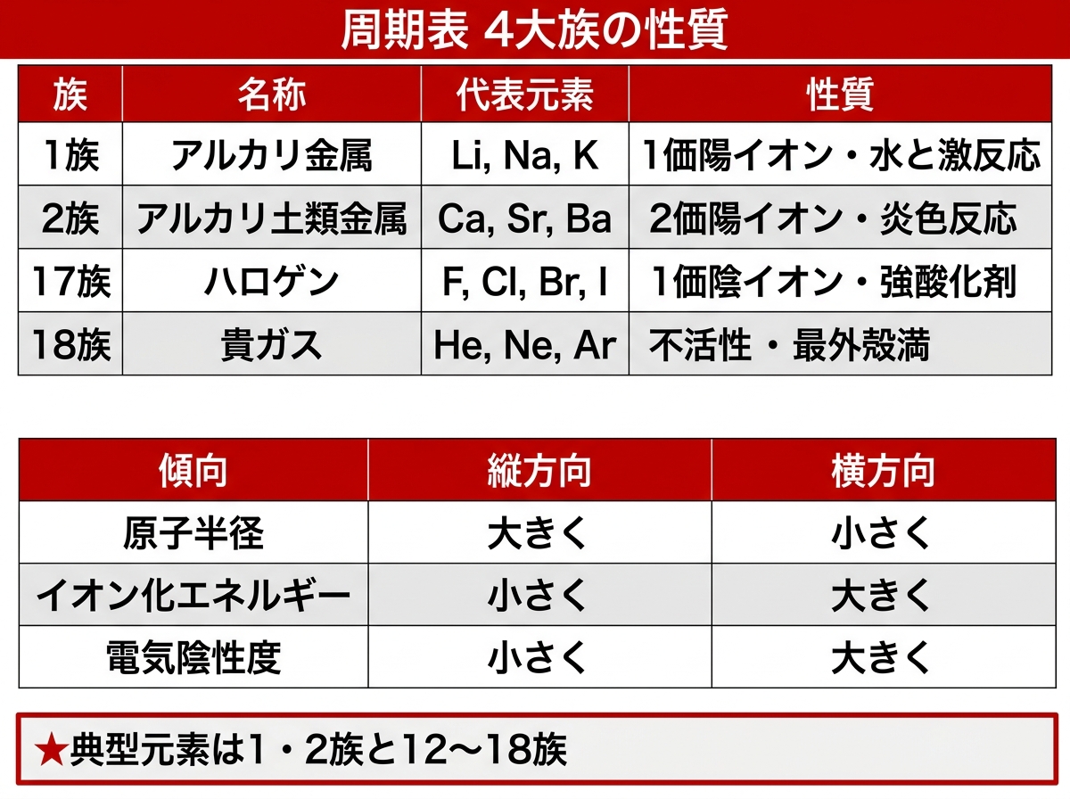 周期表の主要族（1族・2族・17族・18族）