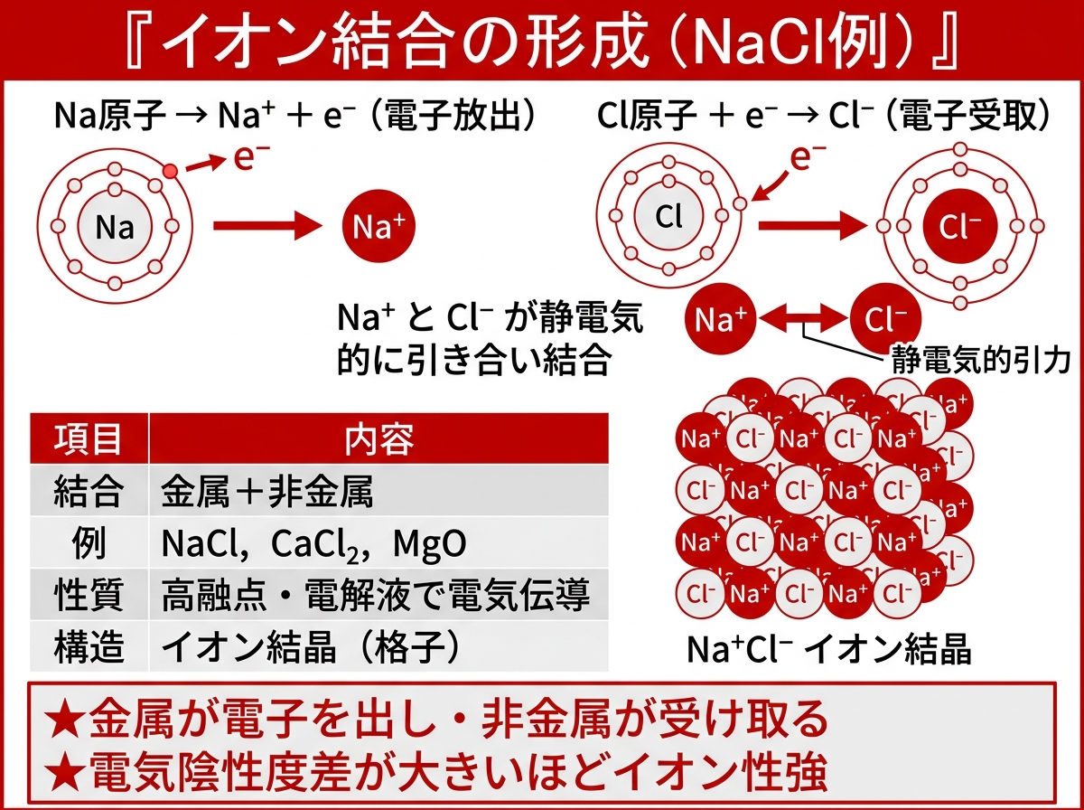 NaClにおけるイオン結合の3ステップ（中性原子→イオン化→結晶）