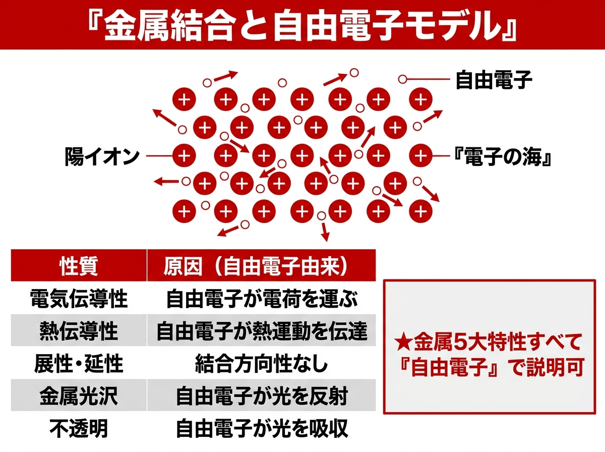 金属結合：自由電子モデル（陽イオン＋自由電子）