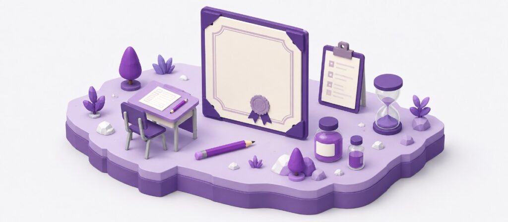 毒物劇物取扱者試験の全体像を表すアイソメトリックイラスト