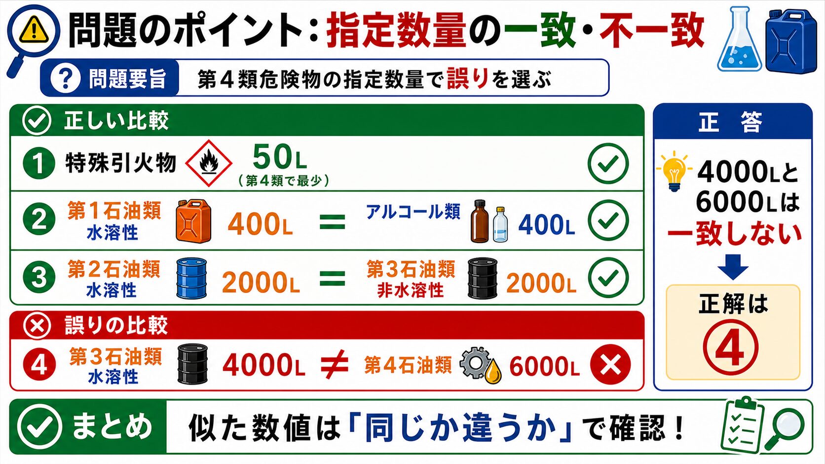 問題で狙われるポイント：指定数量とは？品名ごとの数値を解説