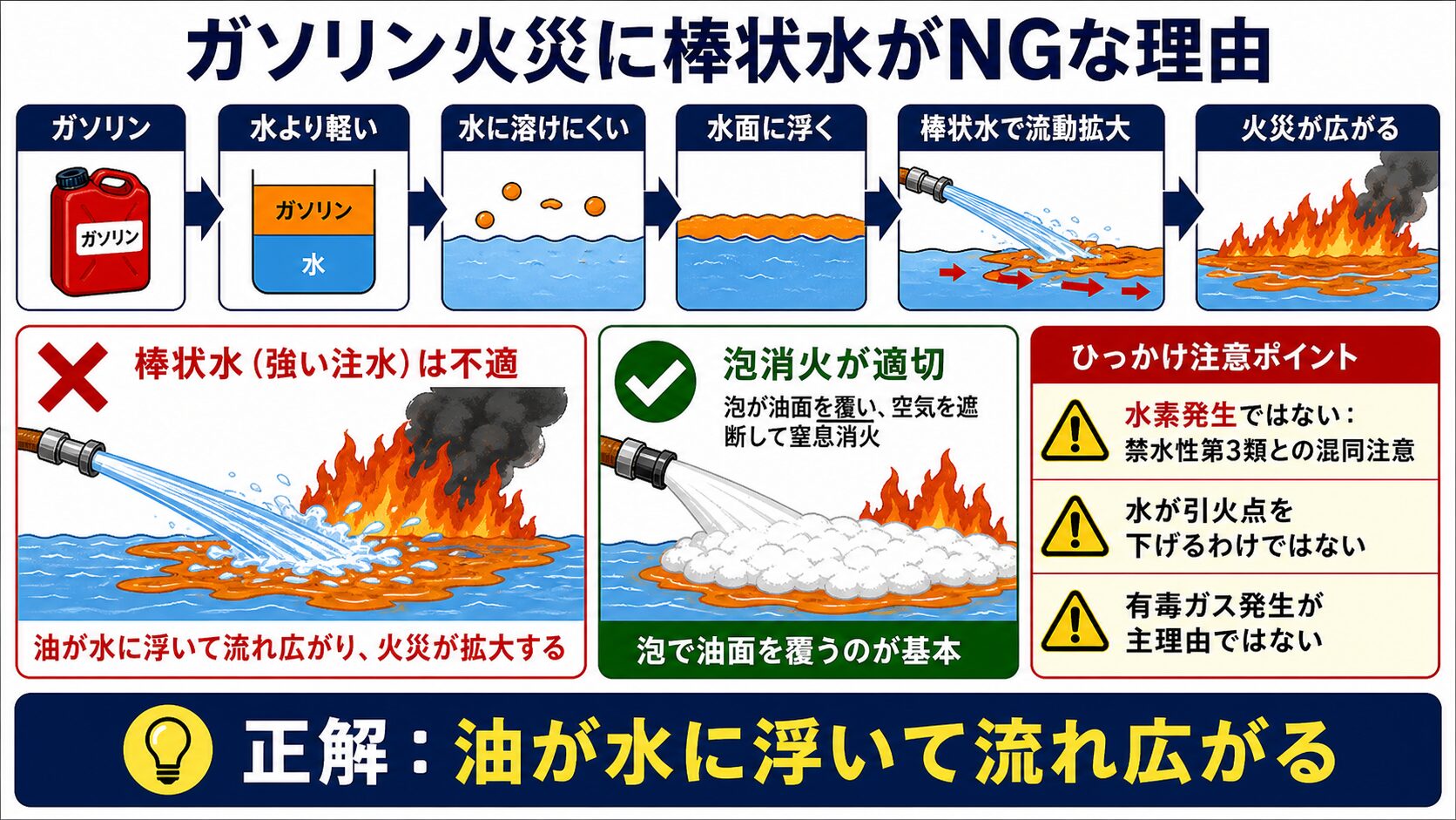 問題で狙われるポイント：第4類の消火方法とは？