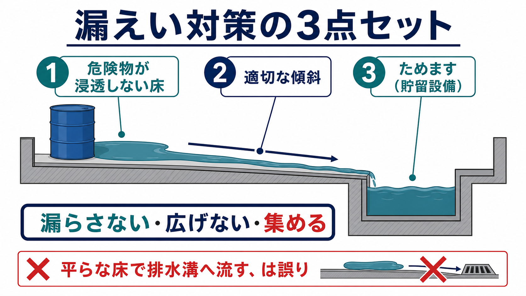 危険物が浸透しない床と傾斜とためますによる漏えい対策