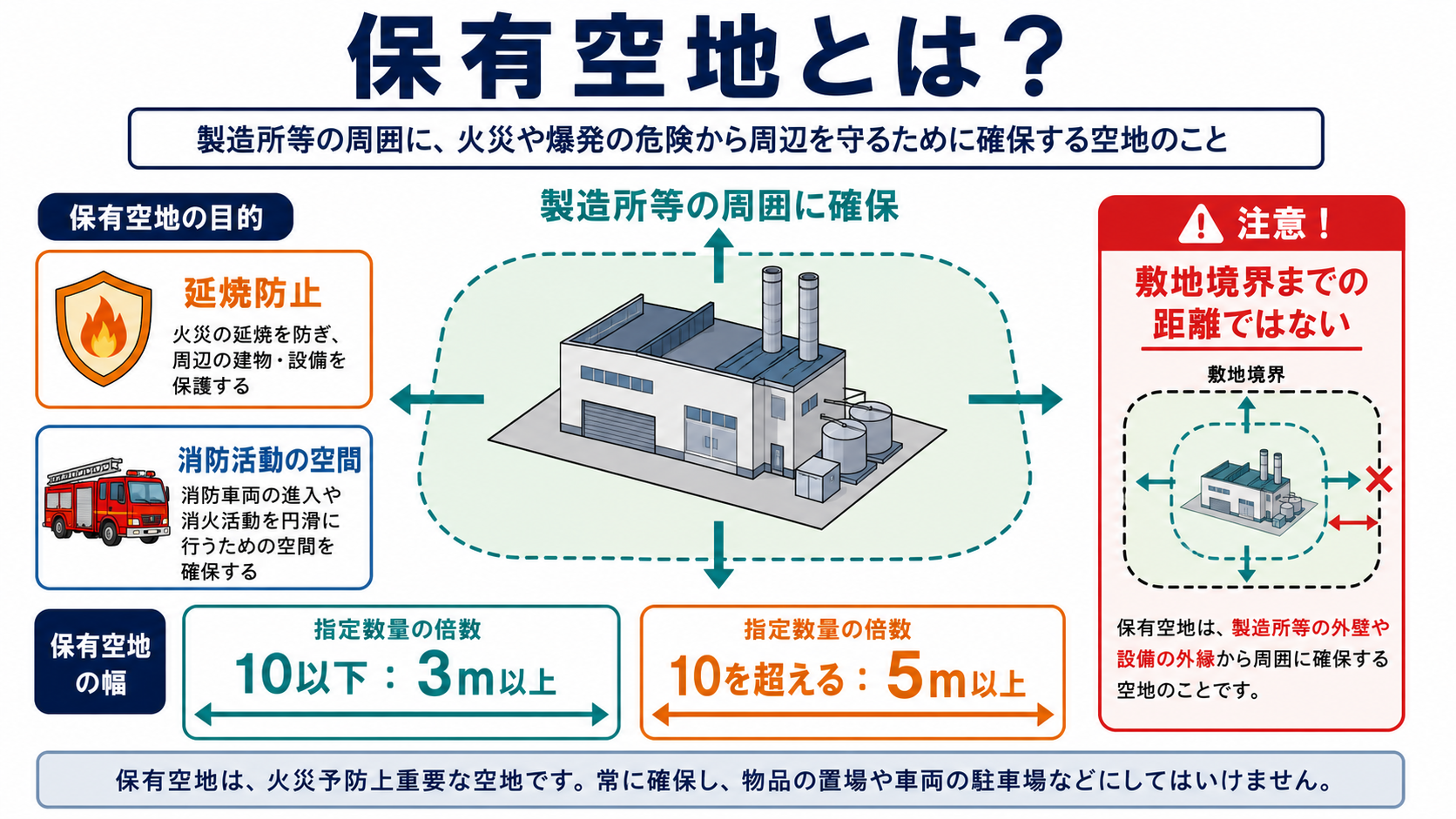 製造所等の周囲に確保する保有空地の目的と幅