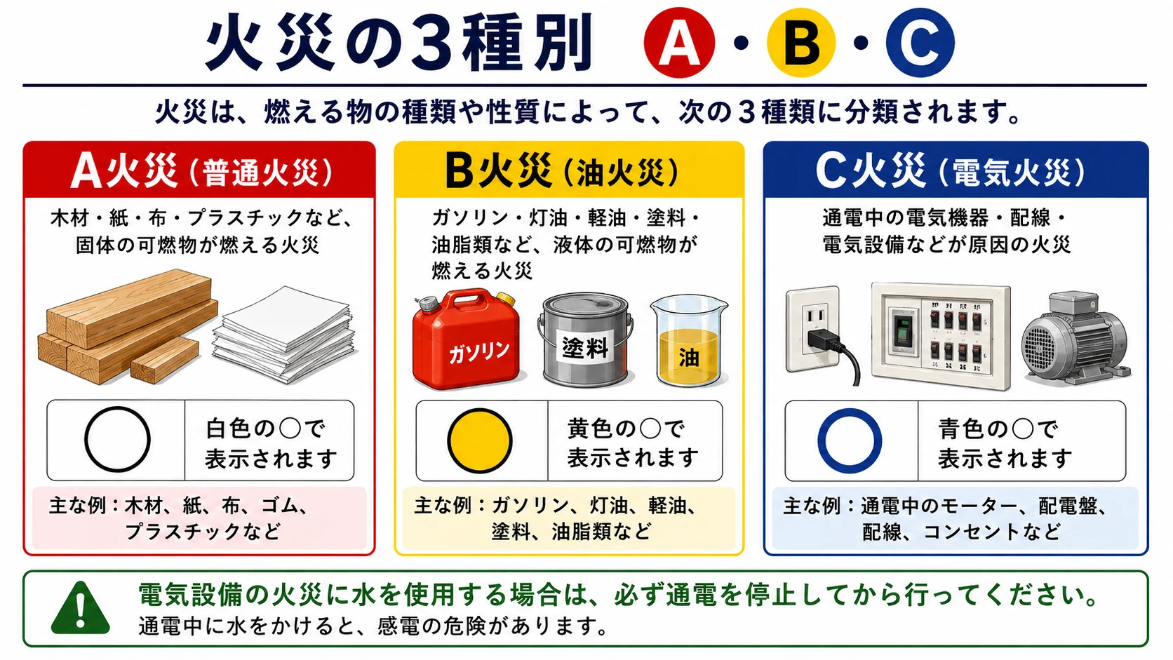 火災の3種別 A火災・B火災・C火災