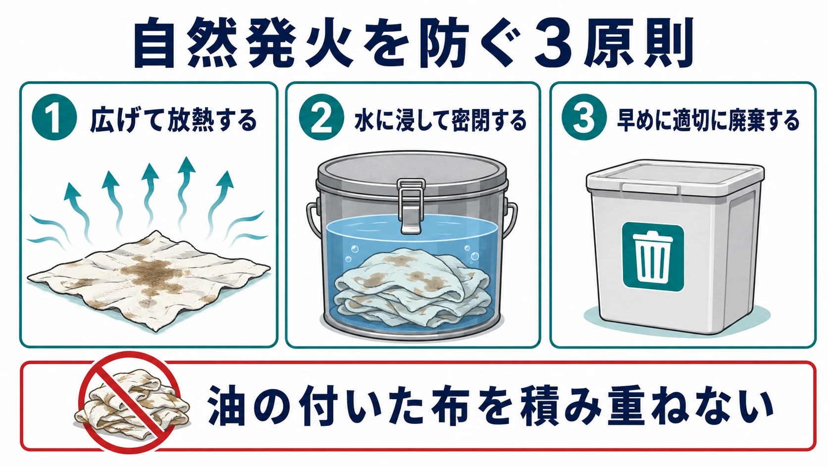 油の付いた布の自然発火を防ぐ３原則