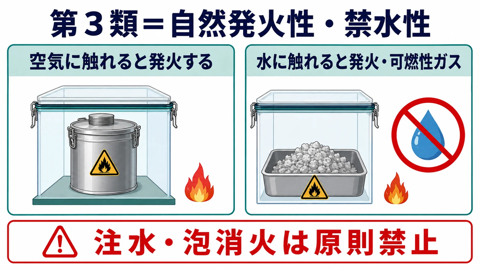 第３類は空気や水との接触が危険な自然発火性・禁水性物質