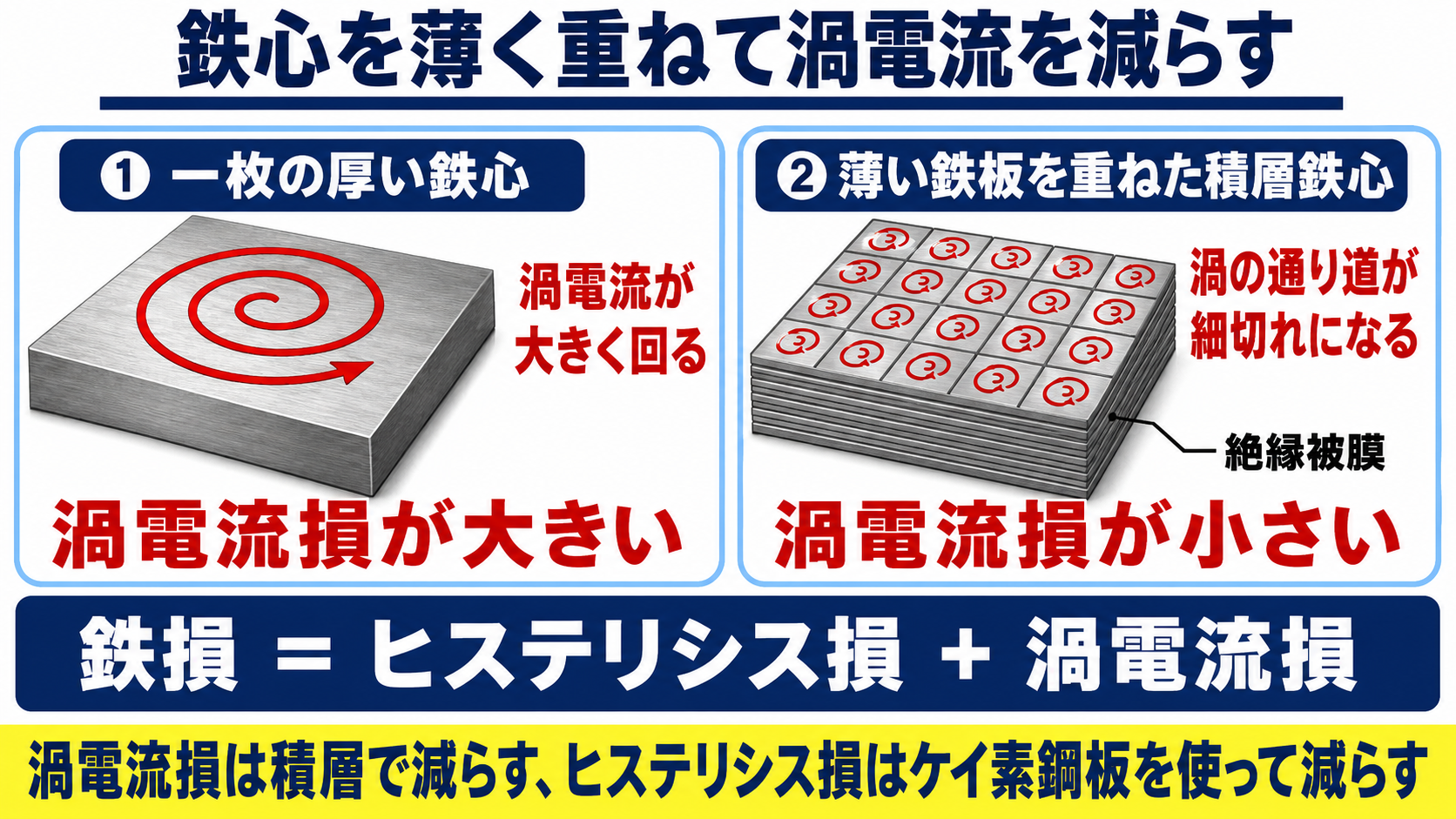 鉄心を薄く重ねて渦電流を減らす