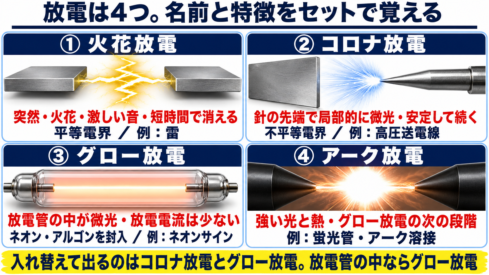 放電は4つ。名前と特徴をセットで覚える