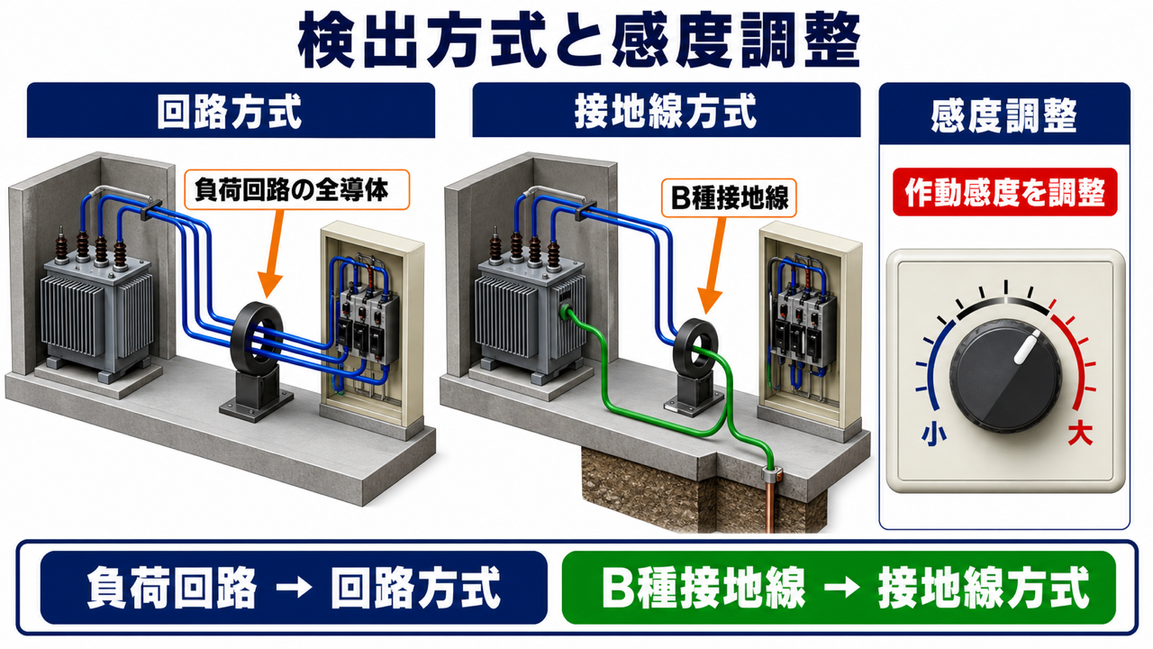 回路方式とB種接地線方式の変流器貫通方法および作動感度ダイヤルを比較した図