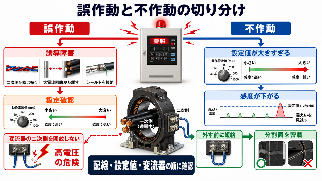 漏電火災警報器の誤作動と不作動を原因別に切り分ける点検手順の図