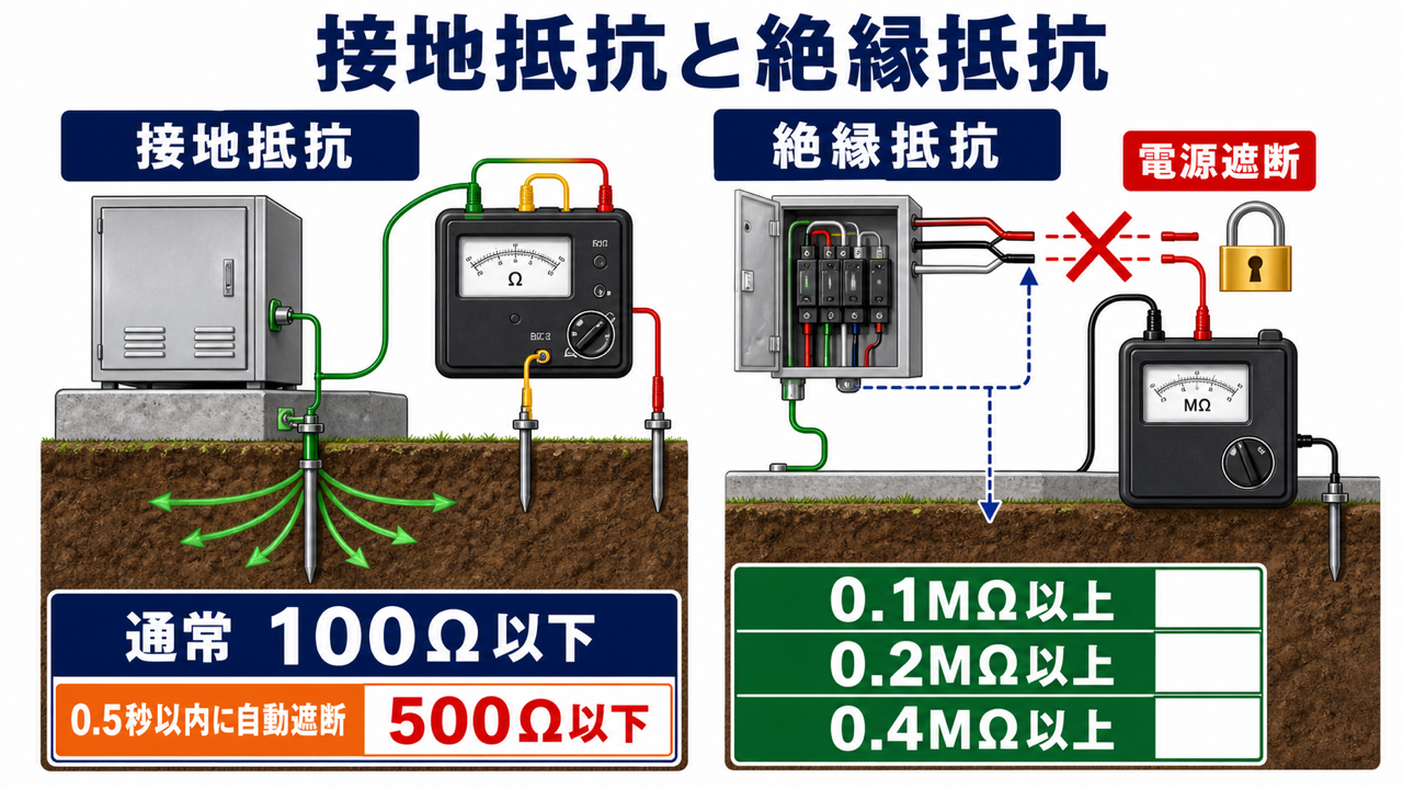 接地抵抗を測定する回路と電源を遮断して絶縁抵抗を測定する回路および基準値を整理した図