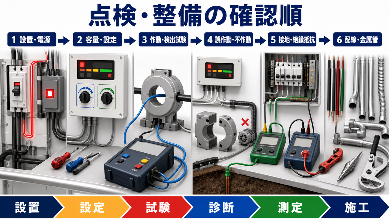 設置と電源、作動試験、誤作動と不作動、接地と絶縁、配線と金属管工事を順に点検する工程図