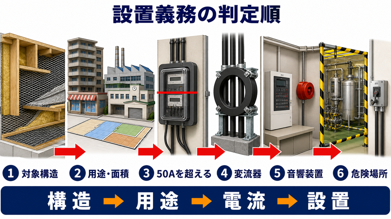 対象構造、用途と面積、契約電流、変流器、音響装置、危険場所の順で設置義務を判定する図