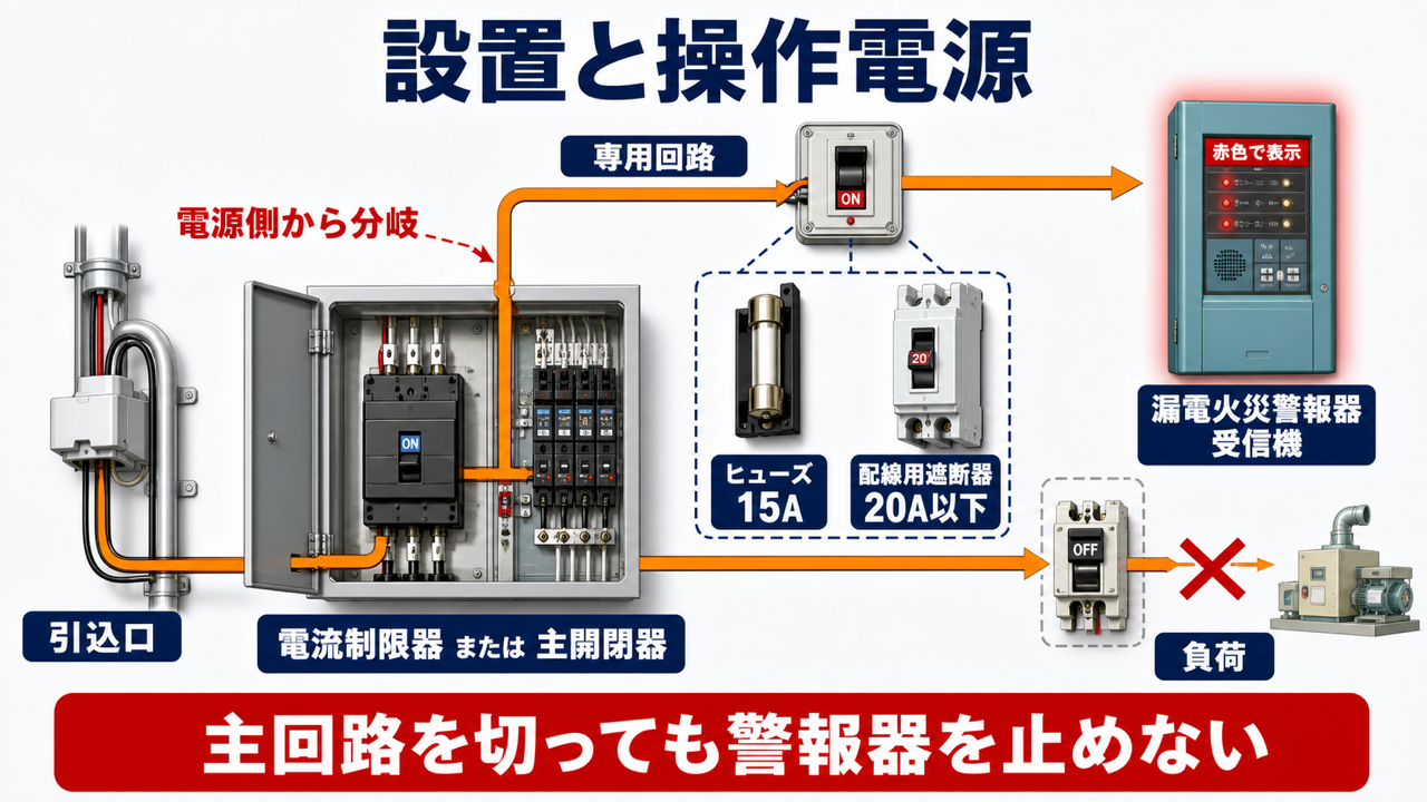漏電火災警報器の操作電源を電源側から専用分岐し主回路を切っても警報器を停止させない配線図