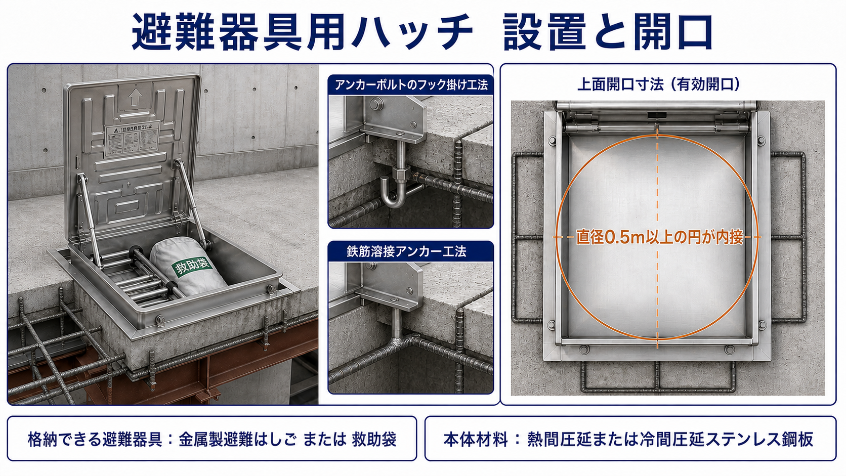 ハッチ固定工法・内接円開口・格納器具・材料を示す学習用模式図