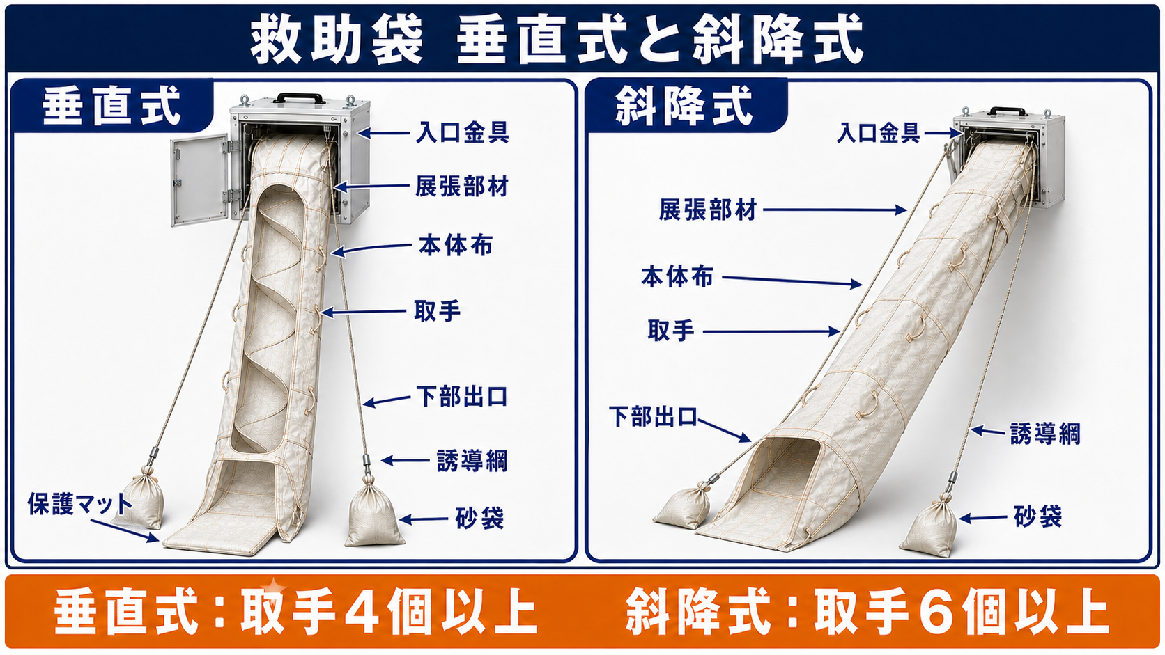 垂直式・斜降式救助袋の部位と誘導綱・砂袋を示す学習用模式図