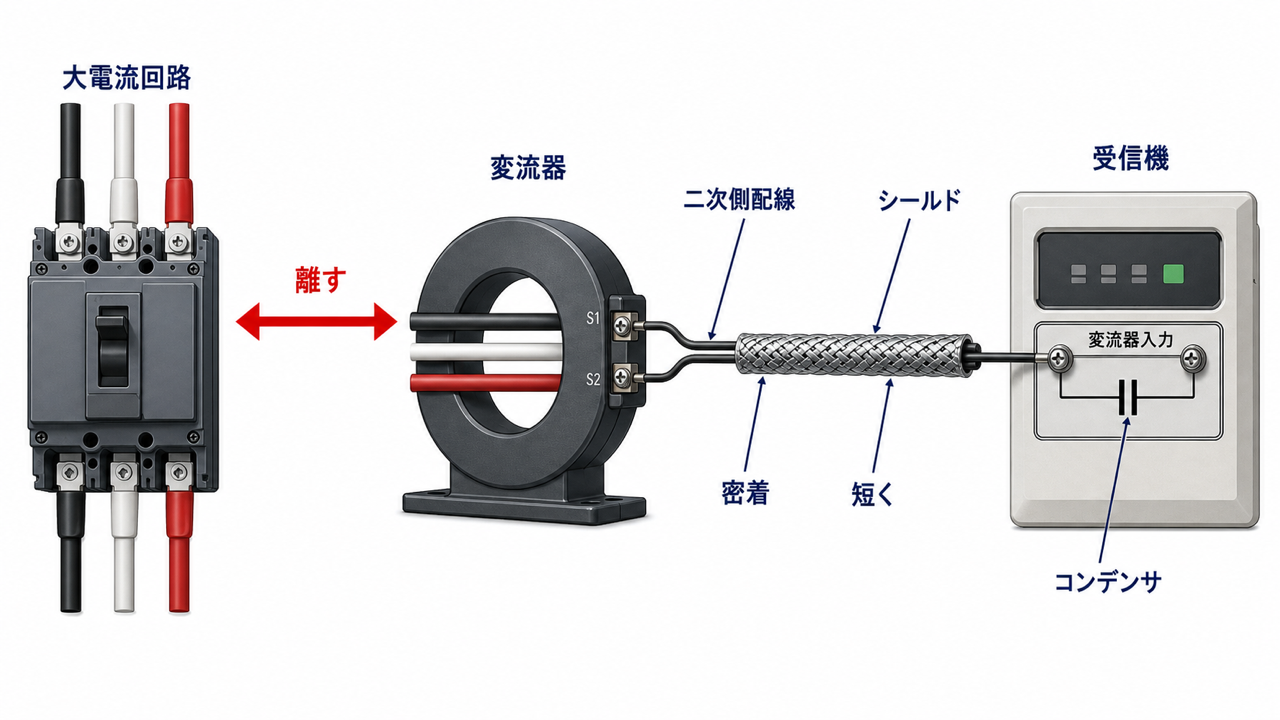大電流回路から変流器二次側配線を離しコンデンサとシールドケーブルを用いて密着配線を短くする誘導障害対策図