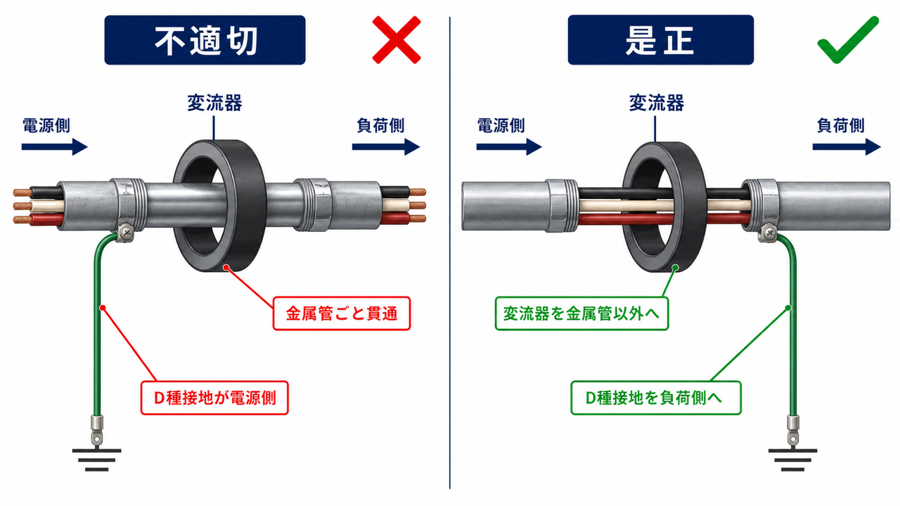金属管ごと変流器へ通してD種接地を電源側に設けた不適切例と負荷側接地および金属管以外への変流器移設を示す是正図