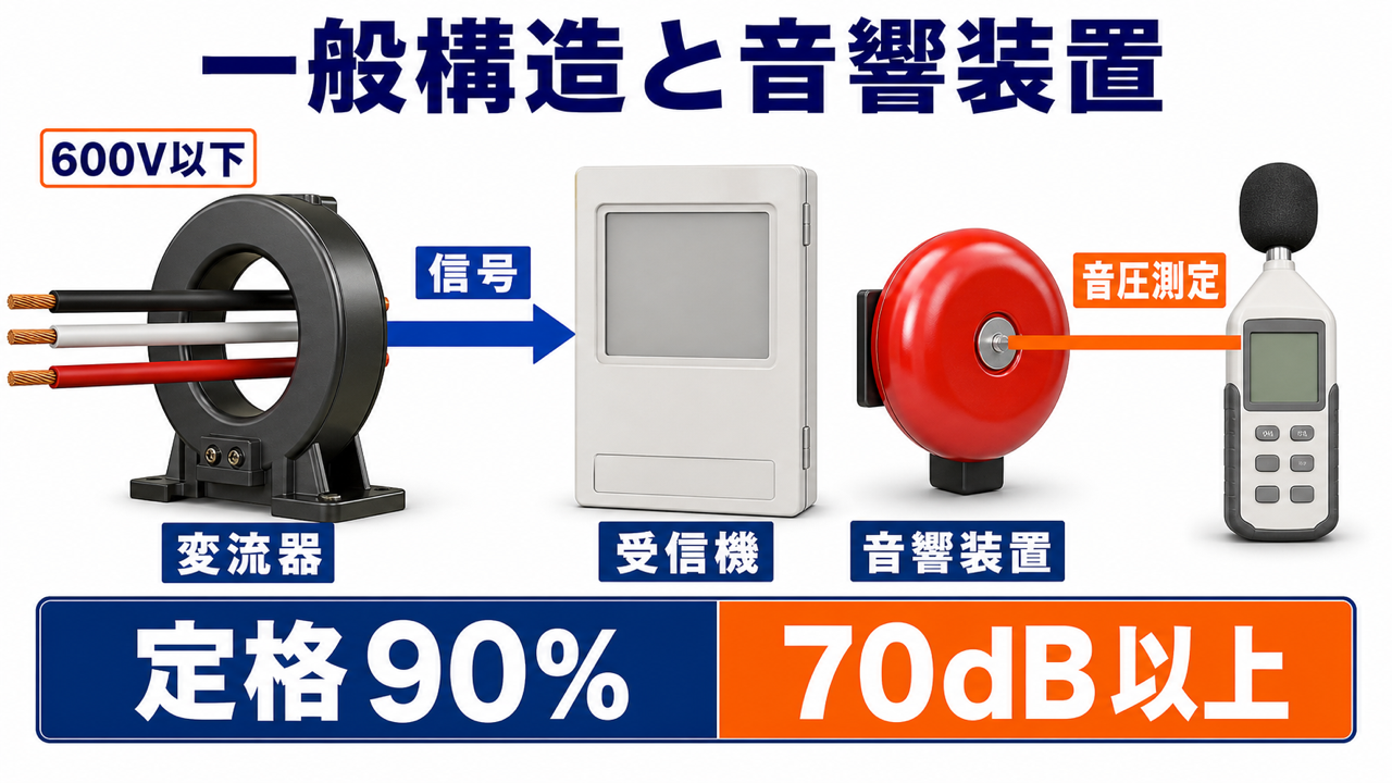 変流器から受信機へ信号を送り音響装置を作動させ、定格電圧と音圧を確認する構成図