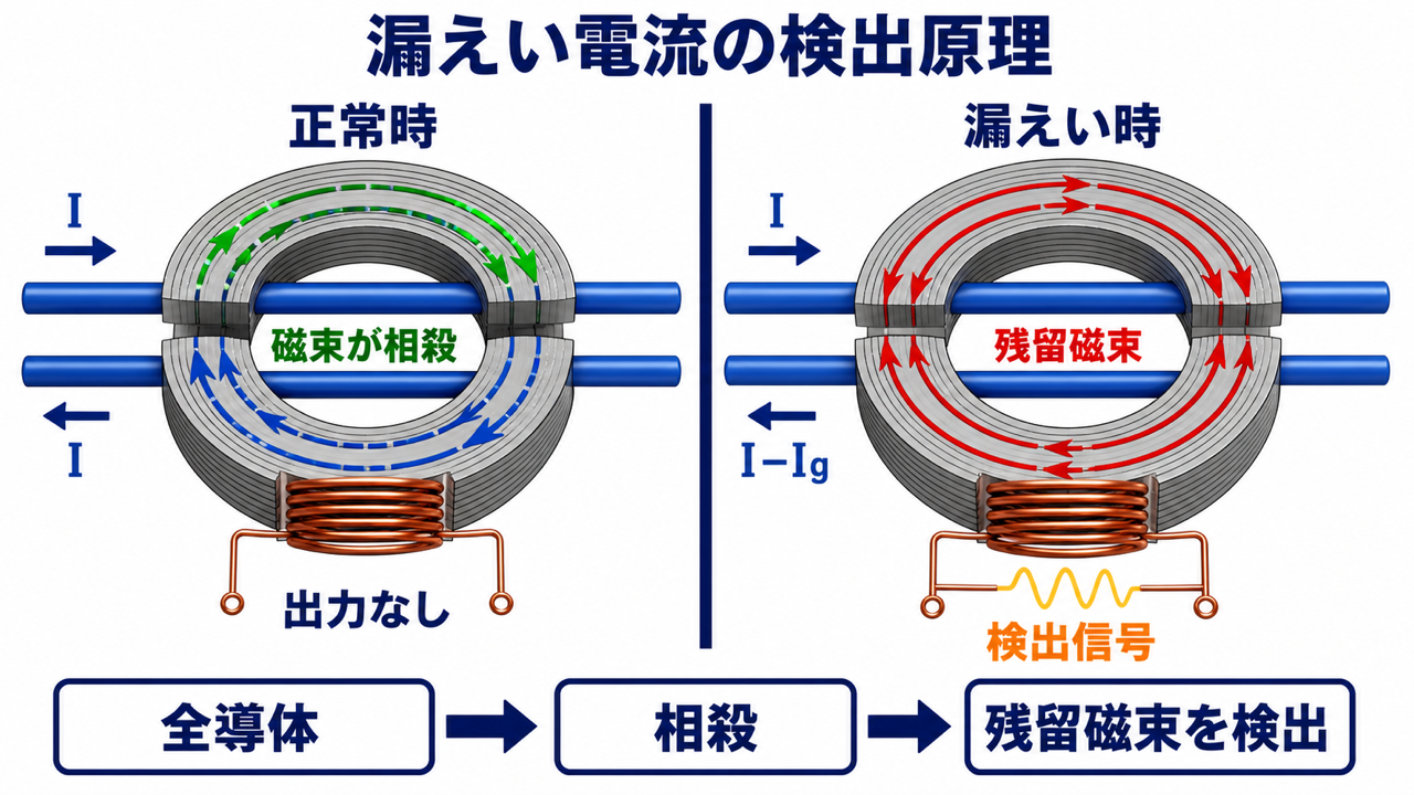 正常時は往復電流の磁束が相殺され、漏電時は残留磁束から二次側へ検出信号が出る原理図
