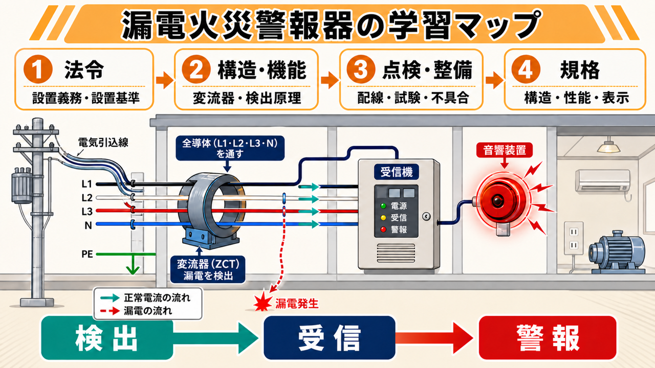 漏電火災警報器の法令、構造・機能、点検・整備、規格を学ぶ順番と検出・受信・警報の流れ