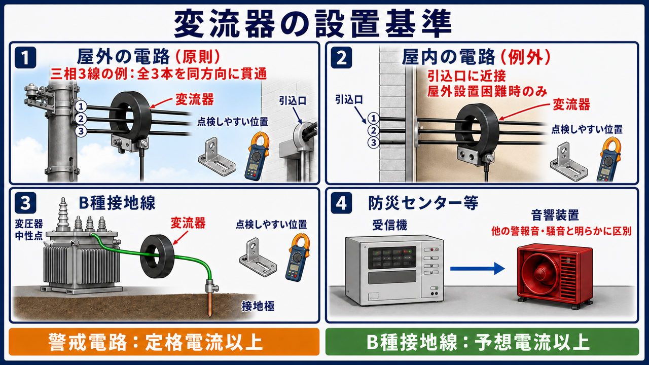 屋外原則、屋内例外、３導体の変流器貫通、B種接地線、音響装置の基準を整理した図
