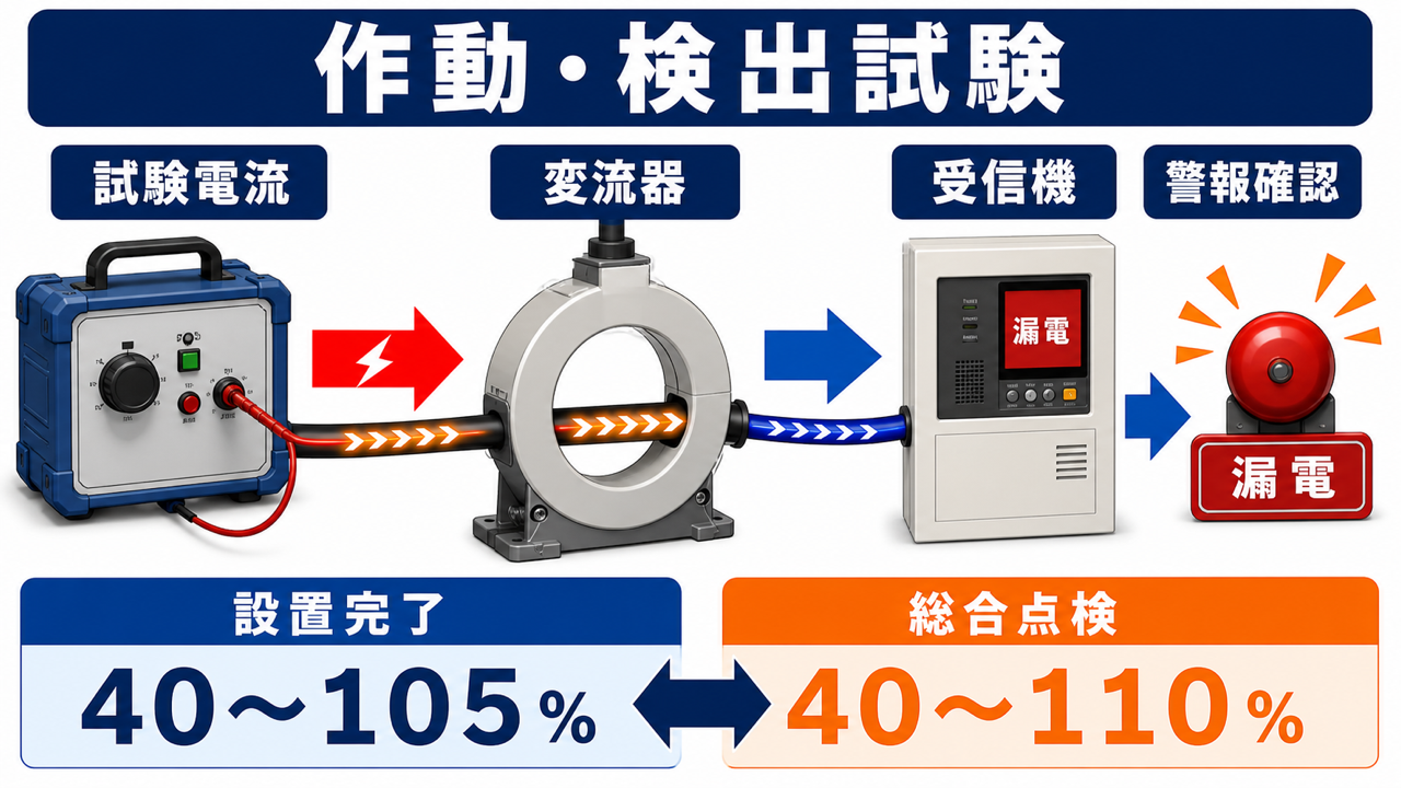 試験電流を変流器へ流して受信機と音響装置の作動を確認し、設置完了時と総合点検時の範囲を比較する図