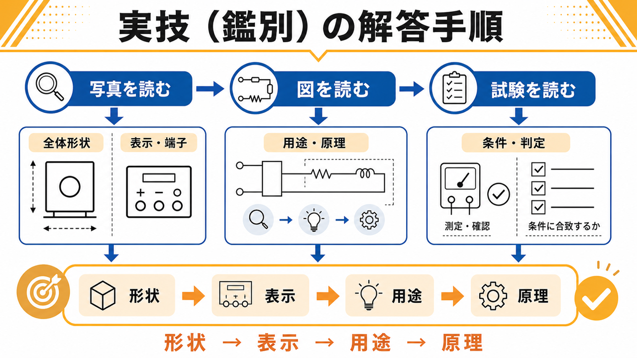 実技鑑別の写真・図・試験問題を形状、表示、用途、原理の順に読む解答手順