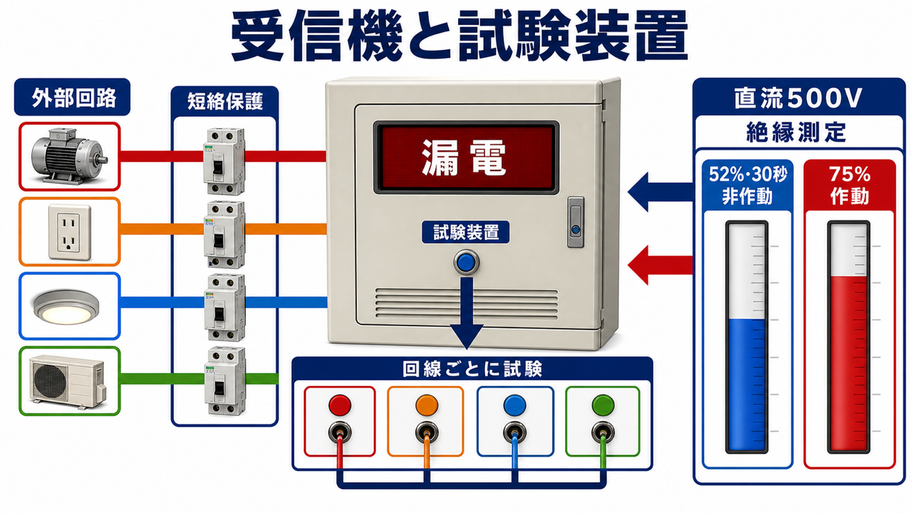 外部回路の短絡保護、回線ごとの試験、受信機の絶縁測定と作動確認を整理した図