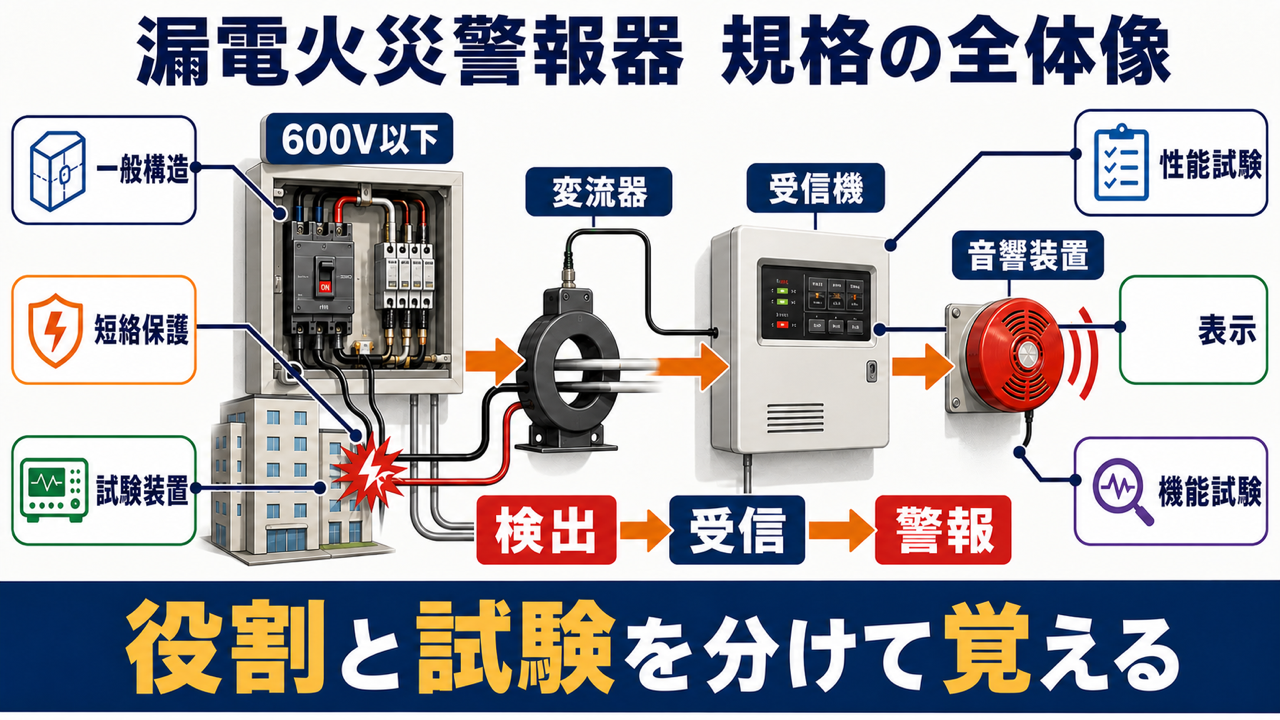 漏電火災警報器の一般構造、短絡保護、試験装置、変流器、受信機、音響装置、表示、性能試験の全体像