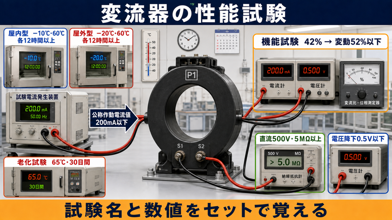 変流器の周囲温度試験、機能試験、絶縁抵抗試験、電圧降下試験、老化試験を測定器と数値で整理した図