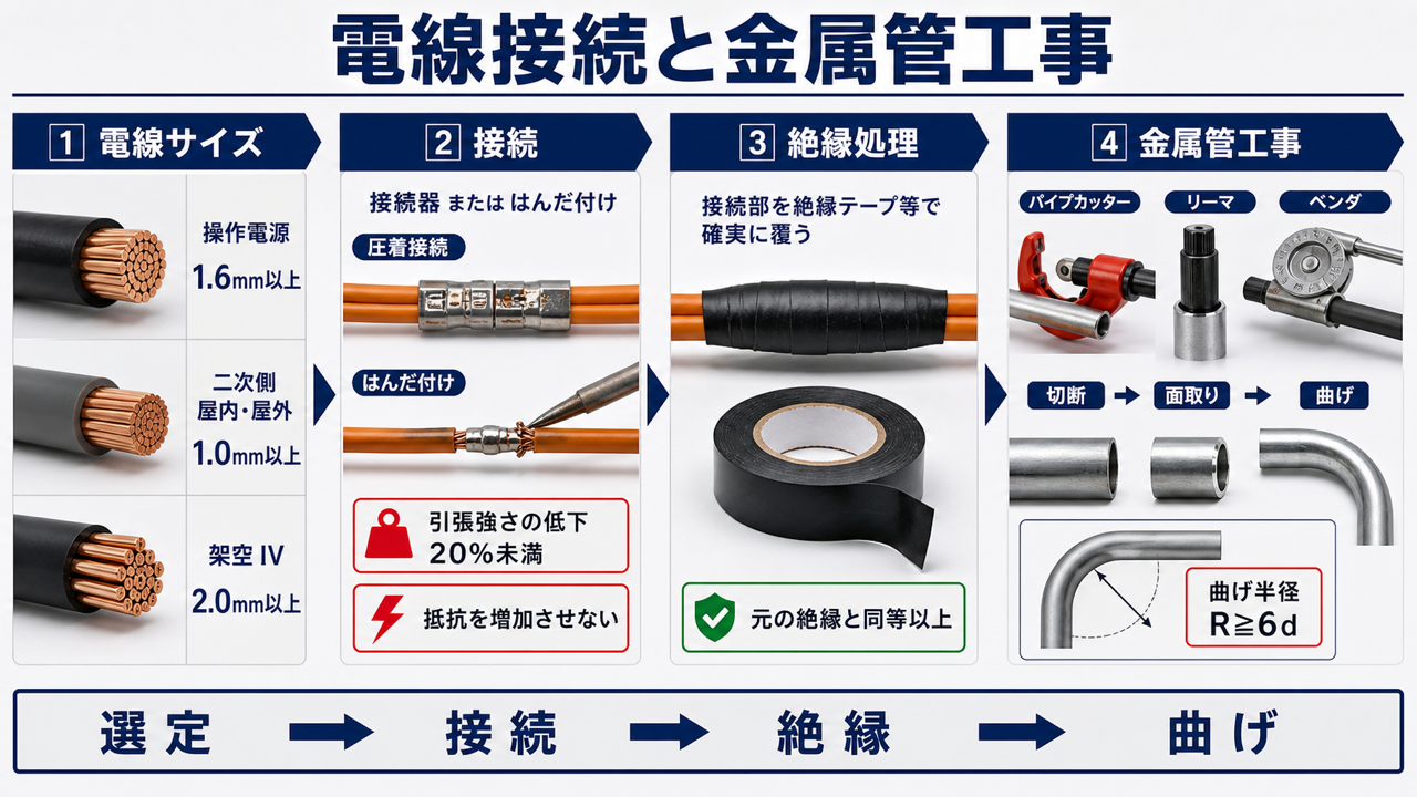 電線サイズの選定、圧着またははんだ接続、絶縁処理、金属管の切断・面取り・曲げを整理した図