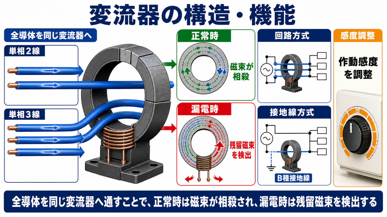 変流器へ全導体を通し正常時の磁束相殺と漏電時の残留磁束を検出する構造と回路方式の図