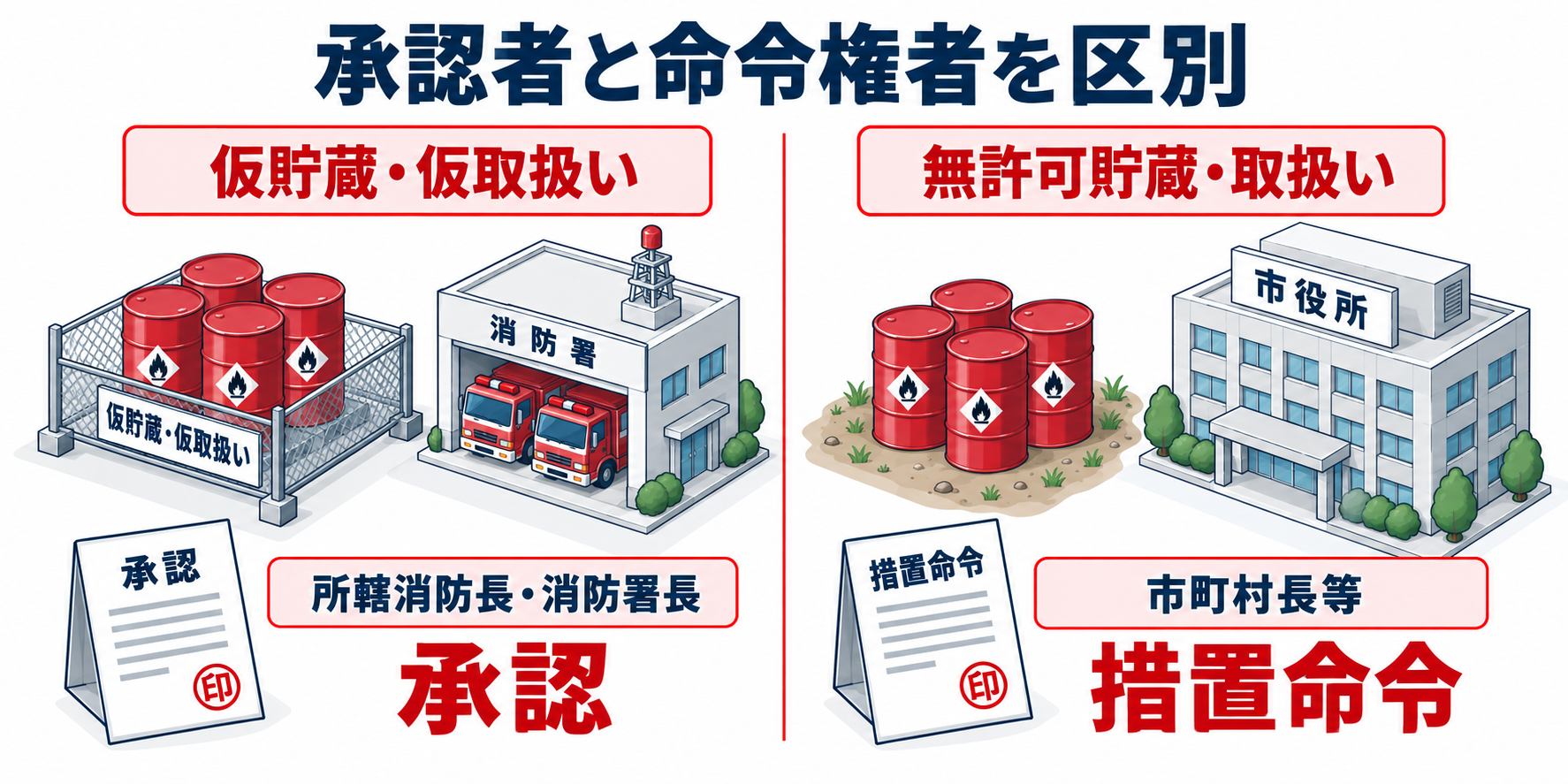 危険物：承認者と命令権者を区別のアイソメ図解