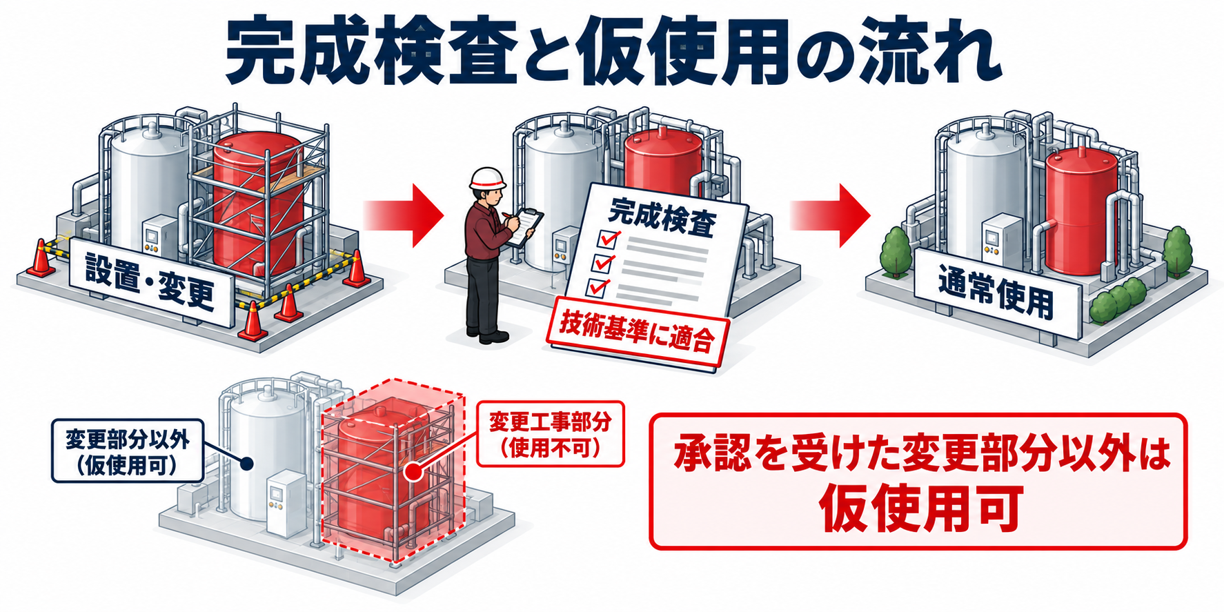 危険物：完成検査と仮使用の流れのアイソメ図解