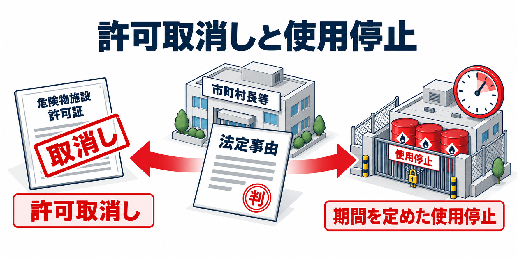 危険物：許可取消しと使用停止のアイソメ図解