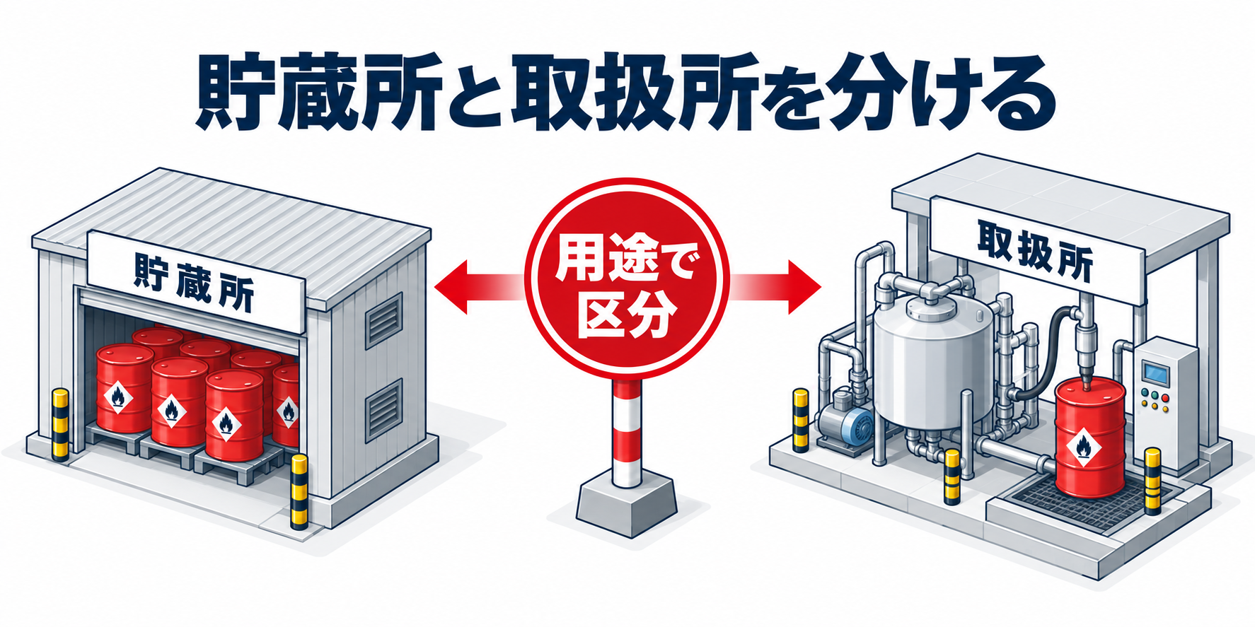 危険物：貯蔵所と取扱所を分けるのアイソメ図解