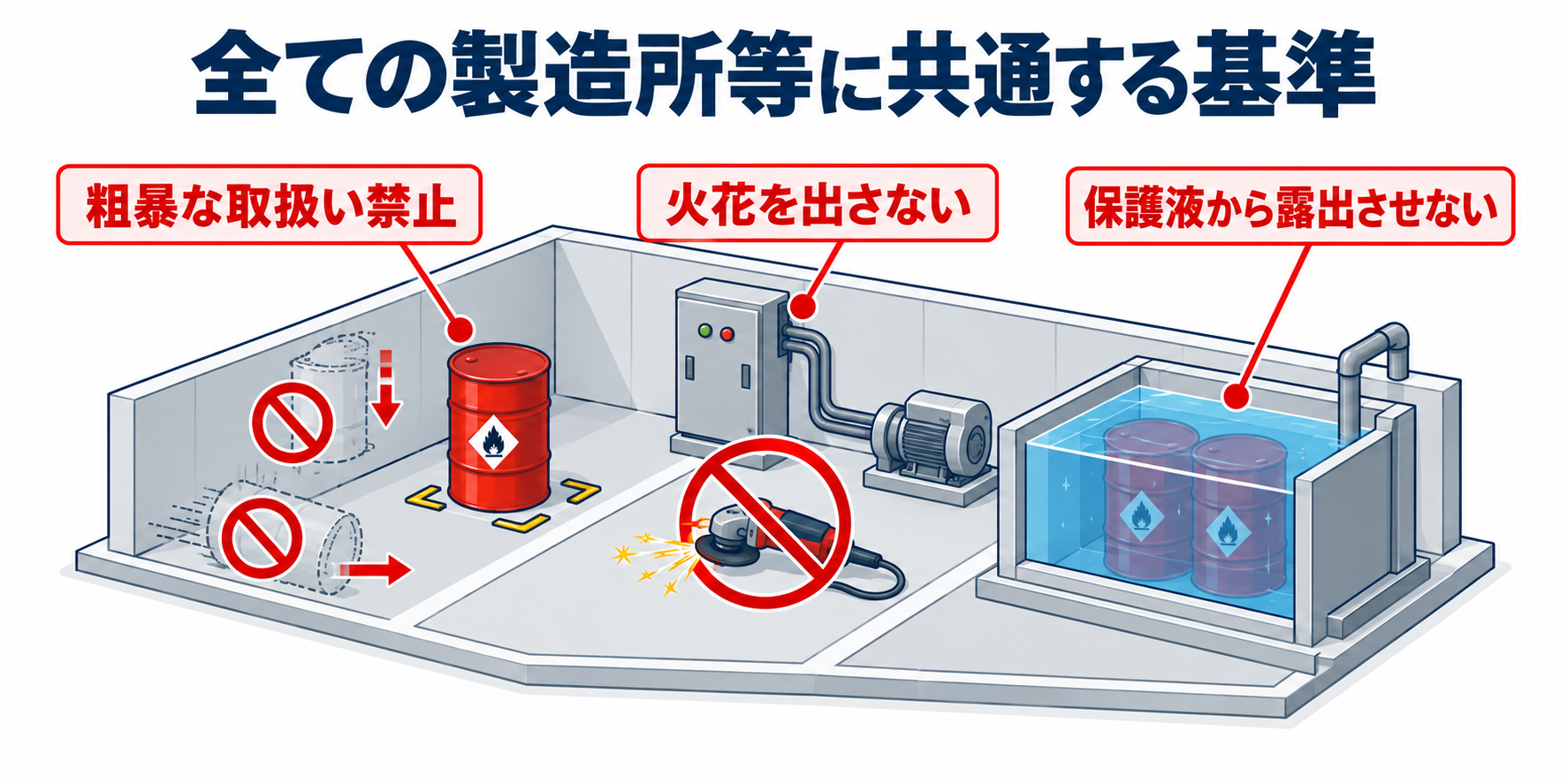 危険物：全ての製造所等に共通する基準のアイソメ図解