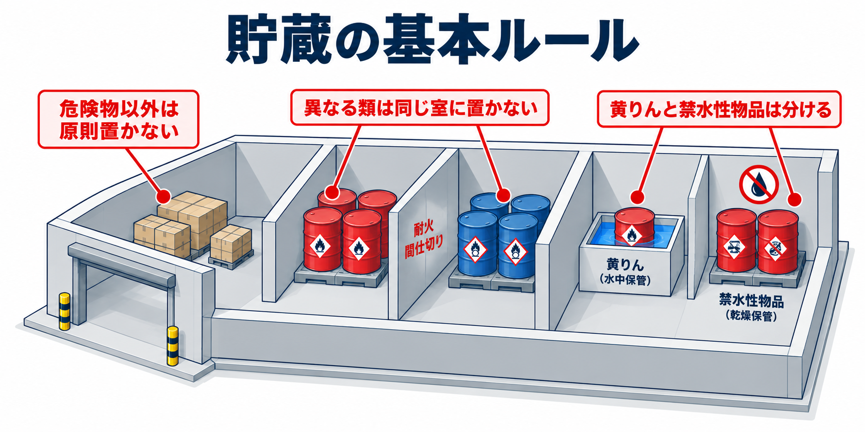 危険物：貯蔵の基本ルールのアイソメ図解