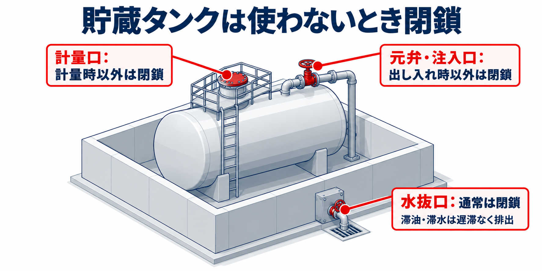 危険物：貯蔵タンクは使わないとき閉鎖のアイソメ図解