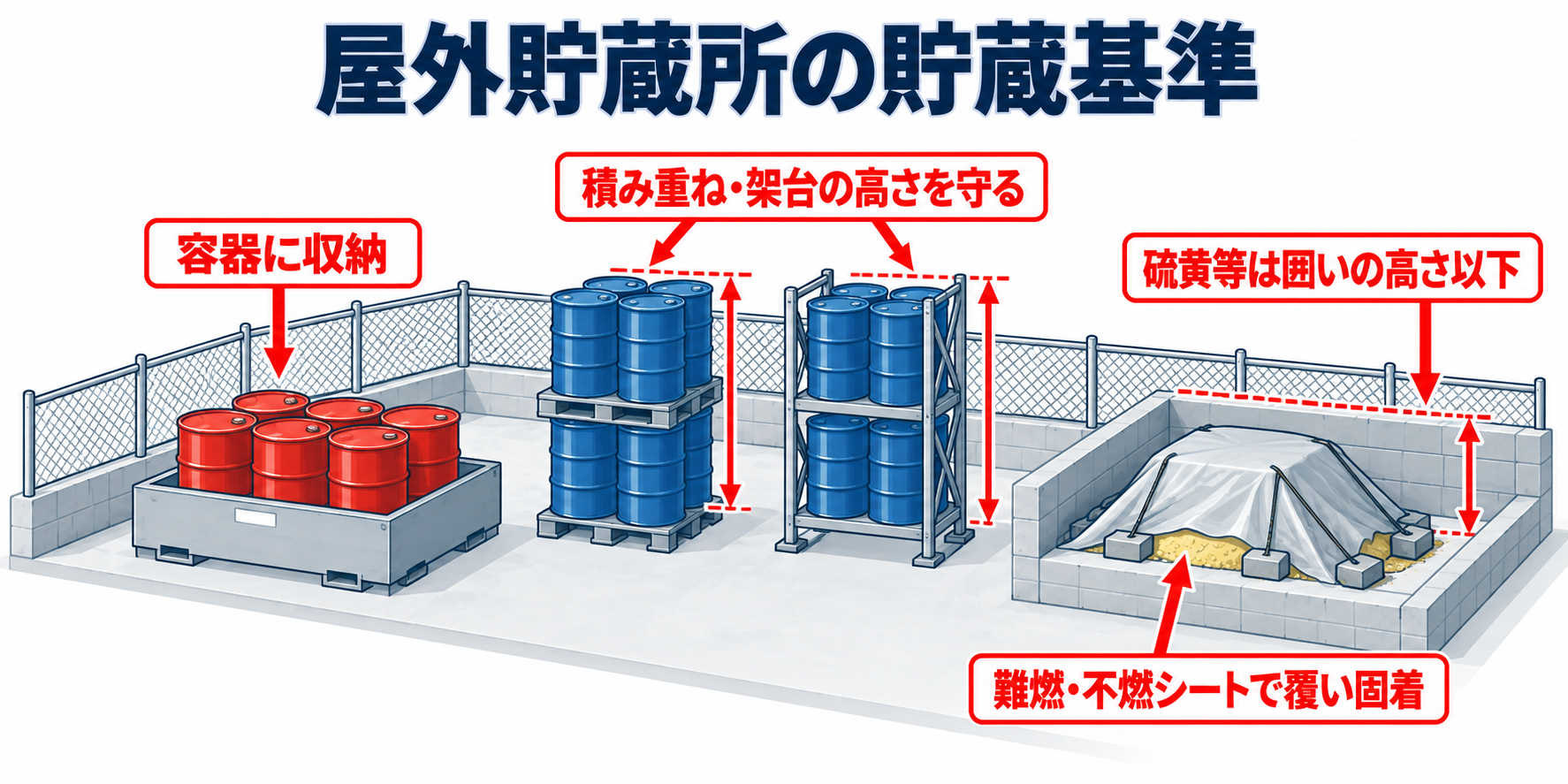 危険物：屋外貯蔵所の貯蔵基準のアイソメ図解