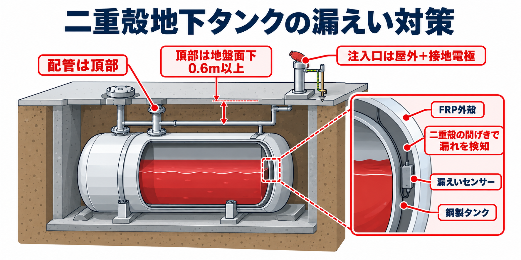 危険物：二重殻地下タンクの漏えい対策のアイソメ図解