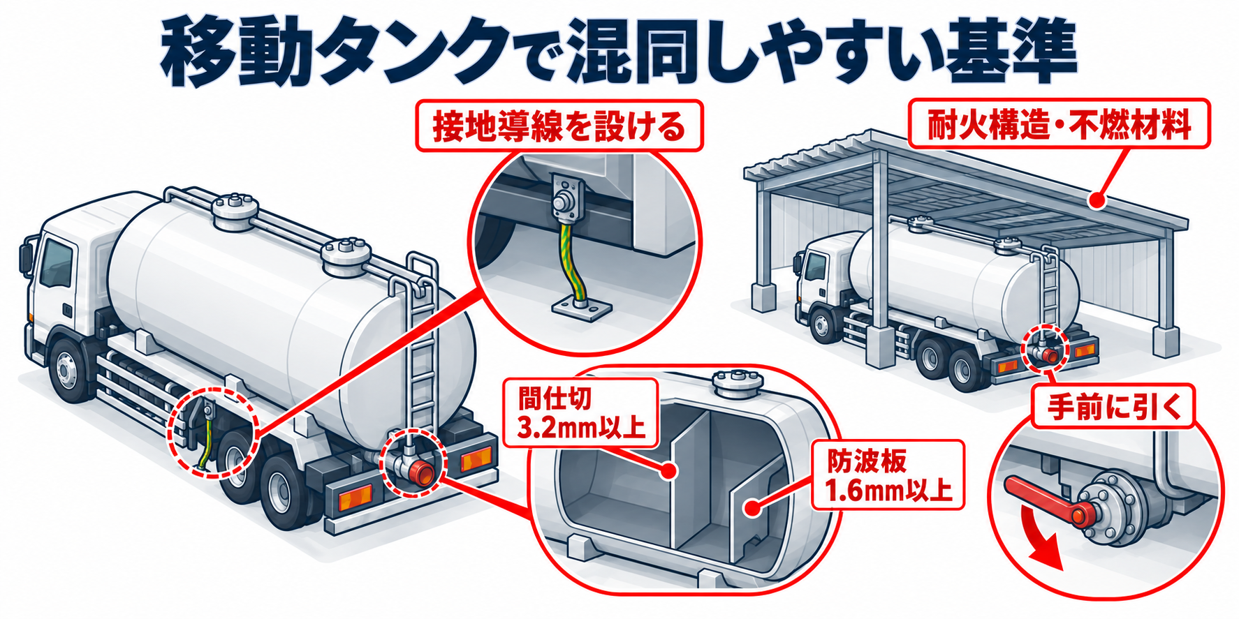 危険物：移動タンクで混同しやすい基準のアイソメ図解