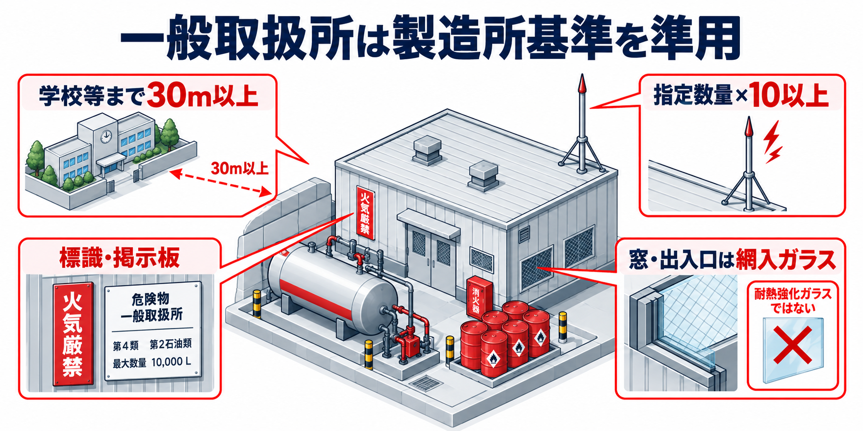 危険物：一般取扱所は製造所基準を準用のアイソメ図解