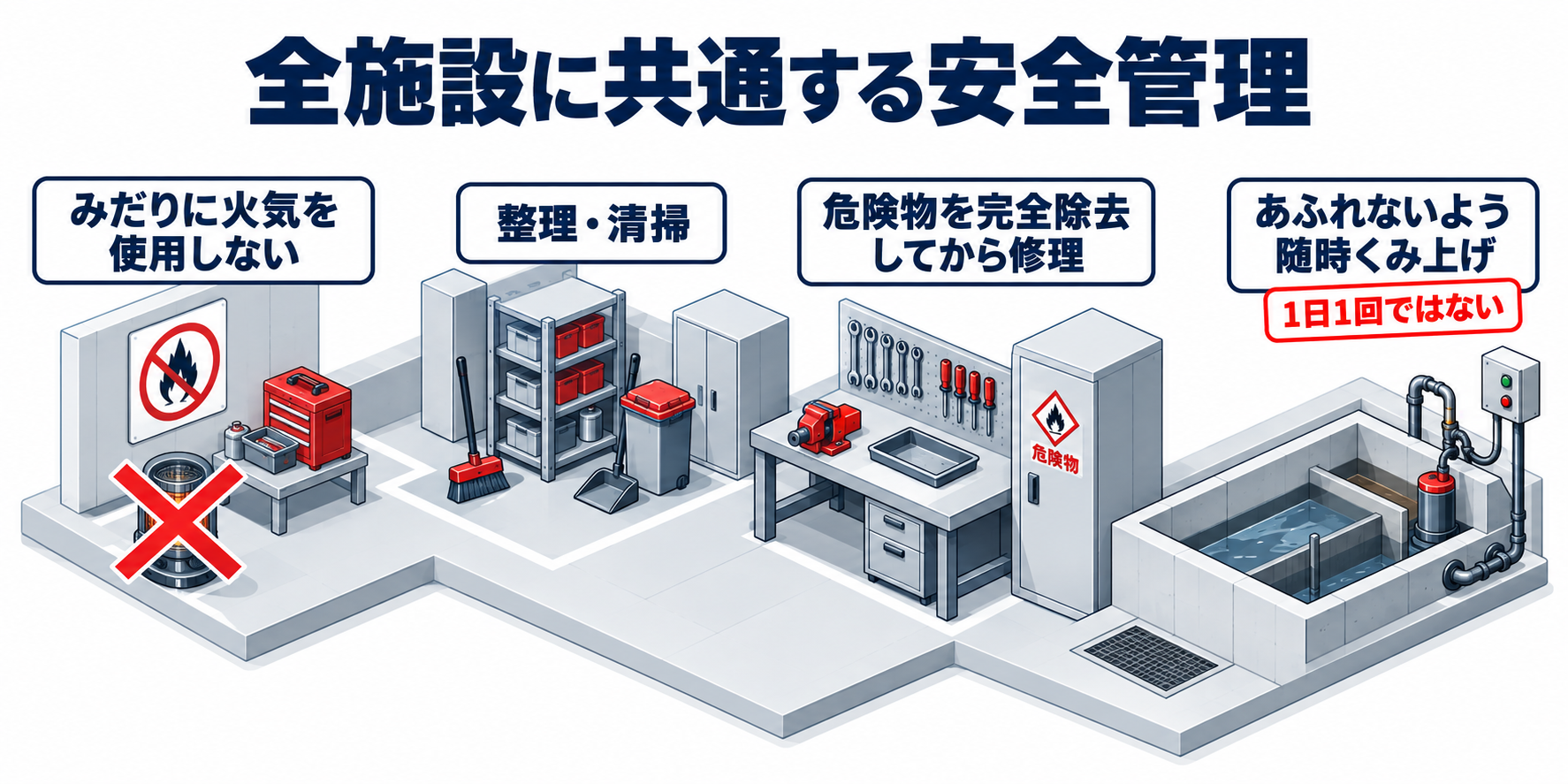 危険物：全施設に共通する安全管理のアイソメ図解