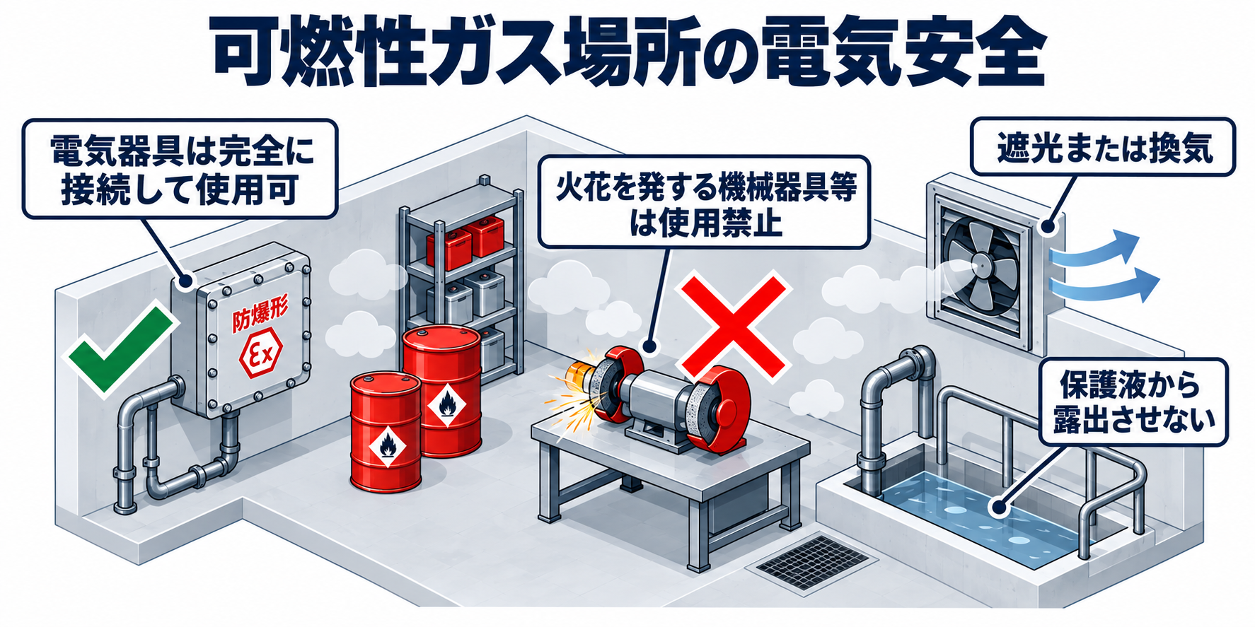危険物：可燃性ガス場所の電気安全のアイソメ図解
