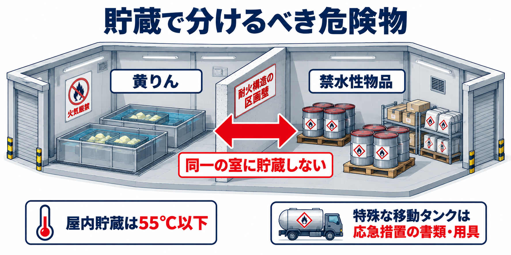 危険物：貯蔵で分けるべき危険物のアイソメ図解