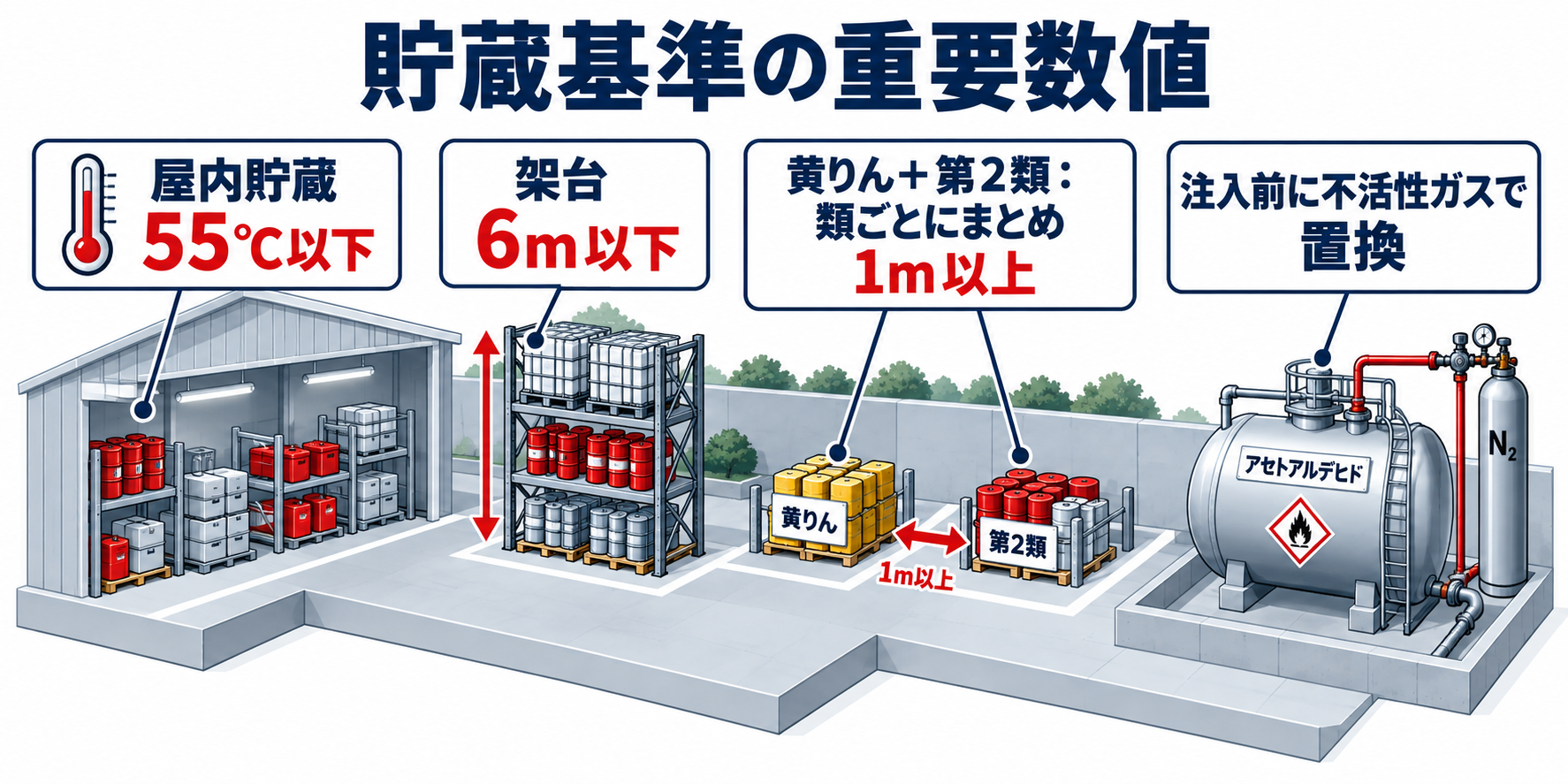 危険物：貯蔵基準の重要数値のアイソメ図解